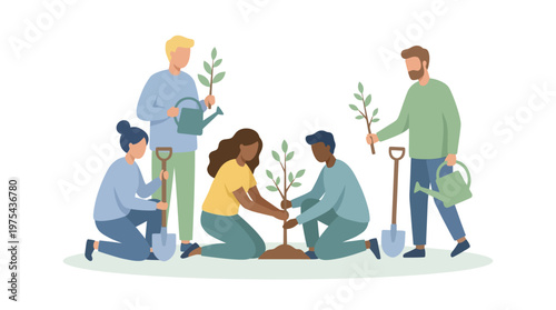 Diverse Group of Volunteers Planting Trees Together for Environmental Conservation. EPS Editable. Vector Illustrations.