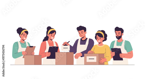Diverse group of warehouse workers processing and packaging orders together. EPS Editable. Vector Illustrations.