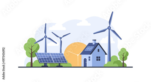 Eco friendly residential house with solar panels and wind turbines for sustainable energy generation. EPS Editable. Vector Illustrations.