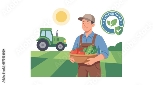 Eco friendly farmer holding a basket of fresh organic vegetables on farm. EPS Editable. Vector Illustrations.
