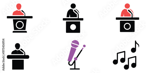 Six icons depicting microphones and podiums, public speaking and presentation symbols, professional communication concept