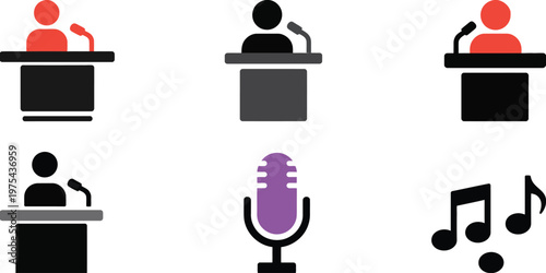 Six icons depicting microphones and podiums, public speaking and presentation symbols, professional communication concept