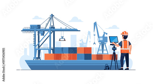 Engineer inspecting a cargo ship with containers at a busy port. EPS Editable. Vector Illustrations.