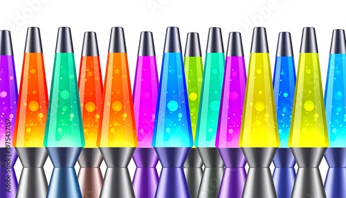 A vibrant row of multi-colored, glowing liquid lamps