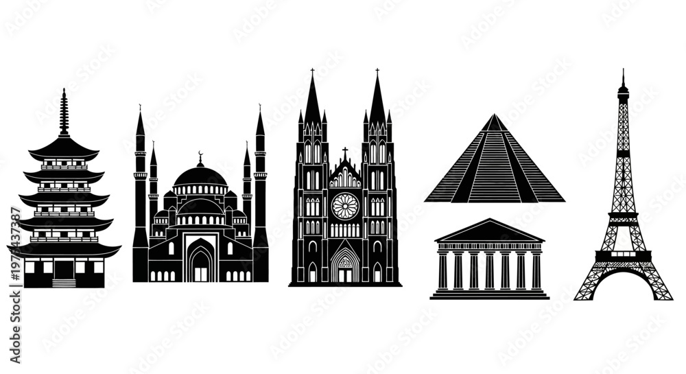 Obraz premium Iconic Landmarks Collection: Pagoda, Mosque, Cathedral, Pyramid, Eiffel Tower Silhouette