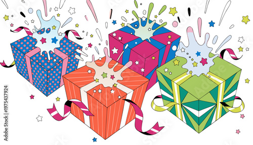 Isometric Surprise Gift Box Explosion with Colorful Confetti and Stars.eps