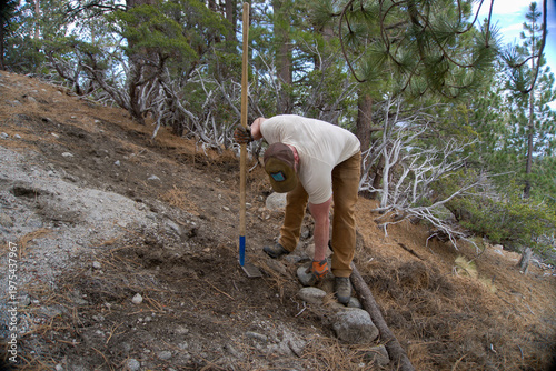 Trail Builder Maintenance Worker Using Rake to Move Rocks on Steep Forest Slope