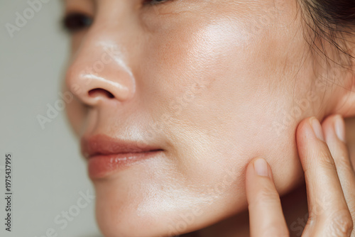 フェイスラインに触れる日本人女性のクローズアップ（美肌・リフトアップイメージ）