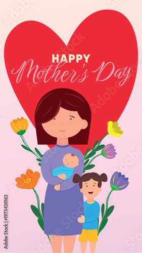 Mother's Day illustration: a mother holding her baby while being hugged by her young daughter. In the background is a heart with flowers. Vector background, posters or social media posts.