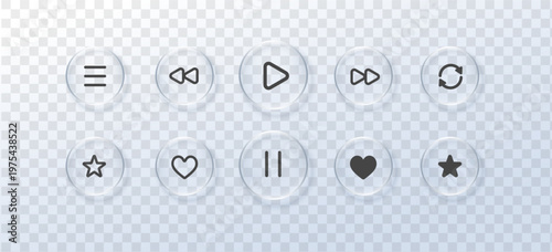 Set Glass play liquid and button glassmorphism bubble with player effect music. Heart icon symbol and glass shape video with texture set play. Application glass graphic and rectangle button vector.
