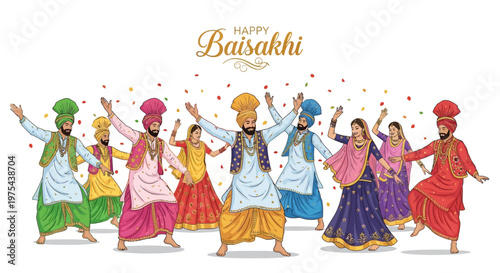 Fotografie Illustrations of people in traditional Punjabi dress joyfully celebrating the Ba