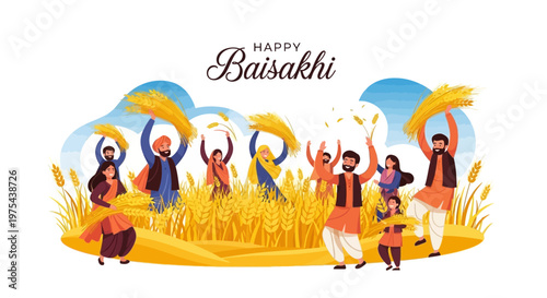 Against a bright background, a vibrant vector illustration depicts a joyful Baisakhi celebration with traditionally dressed Punjabi people dancing and holding wheat stalks high
