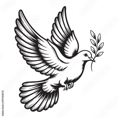 Flying Peace Dove with Olive Branch Vector Illustration: Elegant Black and White Line Art of a Soaring Pigeon Symbolizing Hope, Freedom, Spirituality, and Global Harmony