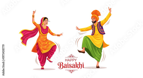 Vibrant vector illustrations showcase a joyful Baisakhi celebration, with a man and woman performing the Punjabi folk dance Bhangra in traditional dress against a clean white background