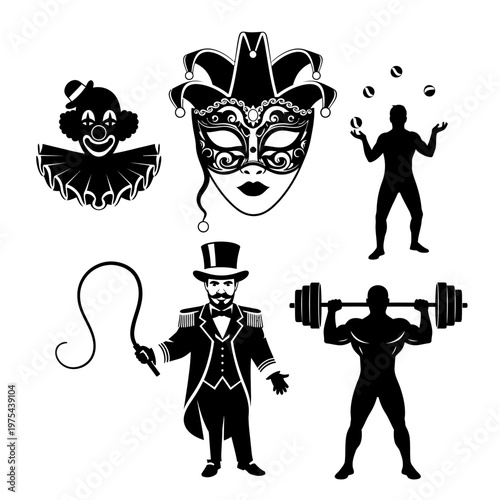 Circus Performers Silhouette Collection: Juggler, Strongman, Clown, Mask, Whip