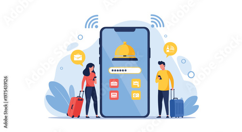 Travelers with luggage stand next to a giant smartphone showing a hotel bell icon to represent online travel booking services.