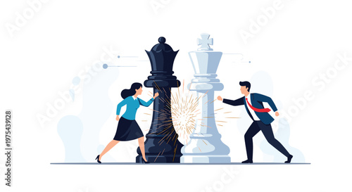 Businessman and businesswoman face off with giant chess pieces to represent strategic competition and tactical corporate battles.