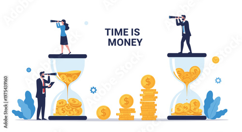 Business professionals monitor large hourglasses filled with coins to illustrate the concept that time is money in the corporate world.