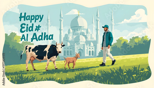 A man walks with a cow and a goat in a field towards a mosque on a happy Eid Al Adha celebration
