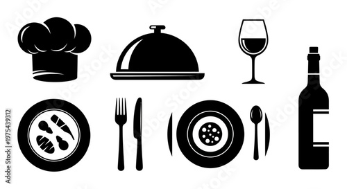 Restaurant Icons: Chef Hat, Cloche, Wine Glass, Bottle, Plate, Cutlery, Food