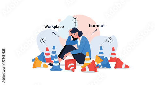 Stressed office worker sits on the floor surrounded by many traffic cones with text reading workplace burnout in the background.