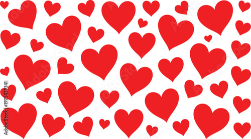 A vibrant pattern of numerous red heart shapes of varying sizes scattered across a clean white background creating a festive and romantic visual