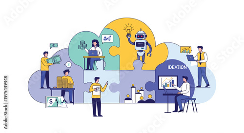 Team of diverse people and a robot work together to assemble a large cloud shaped jigsaw puzzle representing collective ideas.