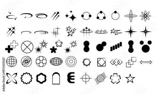  Y2k Design aesthetic element, Vector set of different black sparkles icons. symbol for retro  futuristic icon use for web and element design poster, nostalgic 90s.
