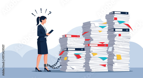 Exhausted businesswoman with a ponytail is chained to massive piles of documents representing excessive workload and burnout.