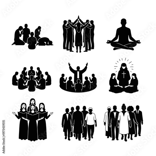 Diverse Group Religious Worship and Meditation Silhouettes
