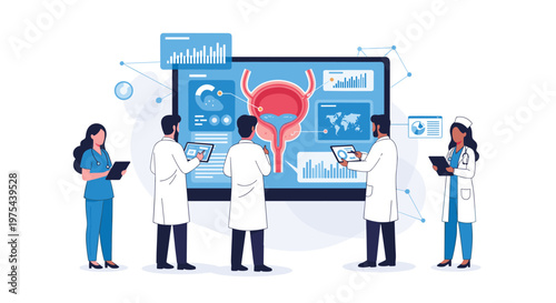 Medical team of doctors and nurses analyze a giant digital screen showing the human urinary system to discuss treatment.