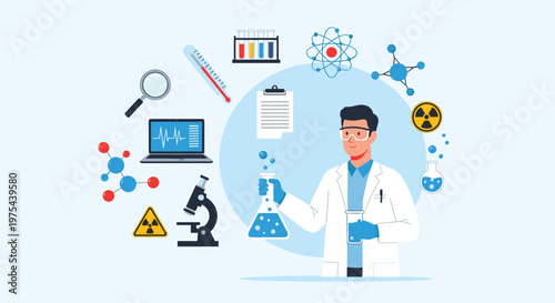 Male scientist in a white coat and safety glasses holds a flask while surrounded by various scientific research equipment.