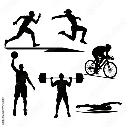 Diverse Sports Silhouettes: Running, Jumping, Cycling, Basketball, Weightlifting, Swimming