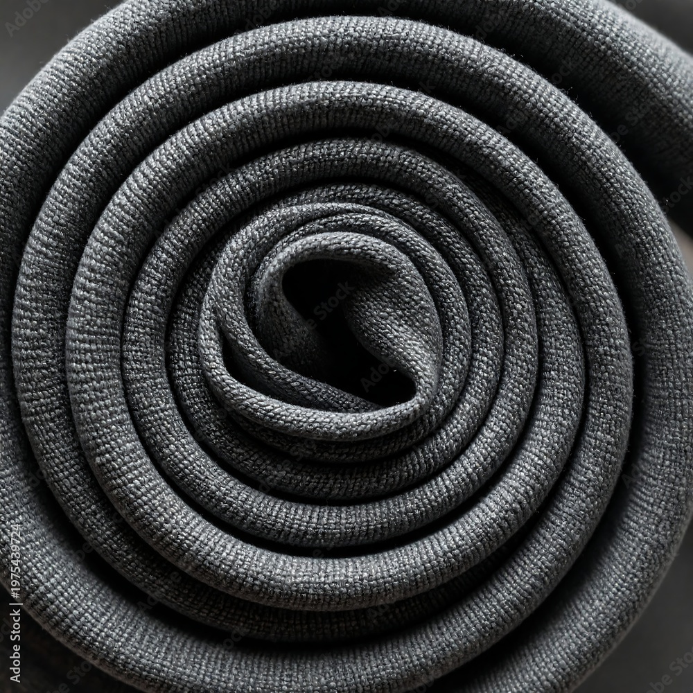 Fototapeta premium Close-up of rolled, textured grey fabric, spiral shape