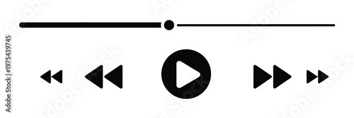 minimalistic media player interface with playback icons shuffle, rewind, play, fast forward, repeat, and a progress bar with a draggable indicator, designed as a clean vector 