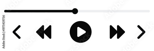 minimalistic media player interface with playback icons shuffle, rewind, play, fast forward, repeat, and a progress bar with a draggable indicator, designed as a clean vector 