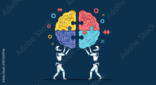 Two white humanoid robots hold two halves of a digital brain puzzle together to represent the development of neural networks.