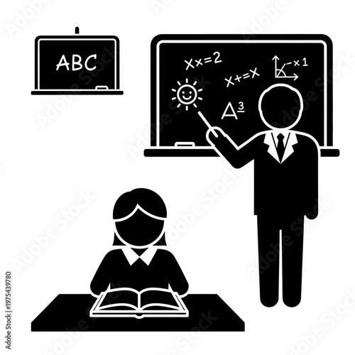 Teacher instructing student in classroom with blackboard and ABC sign