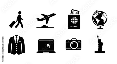 Travel and Business Icons: Suit, Airplane, Passport, Globe, Laptop, Camera, Statue of Liberty