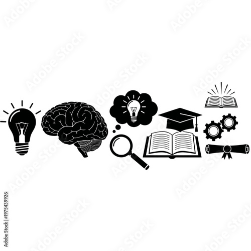 Brainstorming and Education Concept: Lightbulb, Brain, Magnifying Glass, Book, Graduation Cap