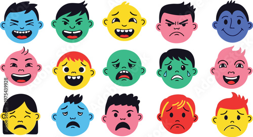 Colorful cartoon kids showing diverse playful emotions.