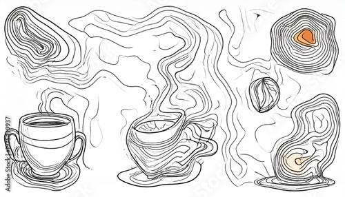 Artistic illustration of coffee cups with steam and abstract shapes.