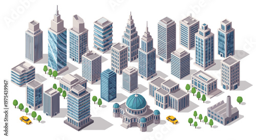 Diverse collection of isometric modern skyscrapers, office buildings, and residential structures for urban planning and city design.