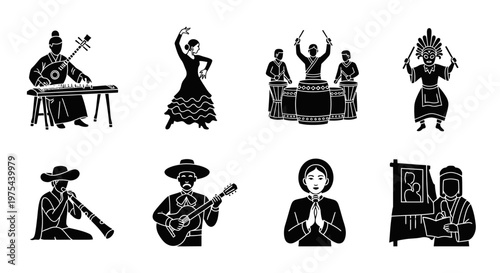 Diverse Cultural Performers: Musicians, Dancers, and Traditional Figures
