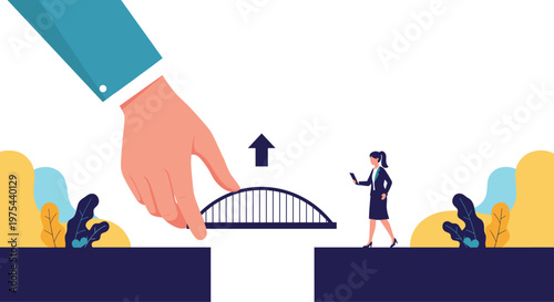 Large human hand placing a metal bridge across a gap between two cliffs to help a businesswoman cross safely as she walks forward.