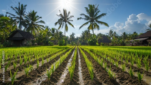 Wide-angle view of young rice plants growing in neat parallel rows, surrounded by palm trees and village huts, bright midday sun