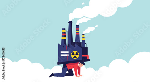 Man kneeling while carrying a large heavy factory with smoking chimneys and a radioactive symbol on his back as a heavy burden.