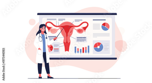 Female doctor in a white coat using a pointer to explain a detailed diagram of the female reproductive system on a large whiteboard.