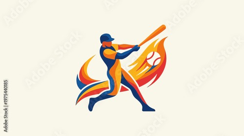 Dynamic Baseball Player Hitting a Ball with Flame Effect