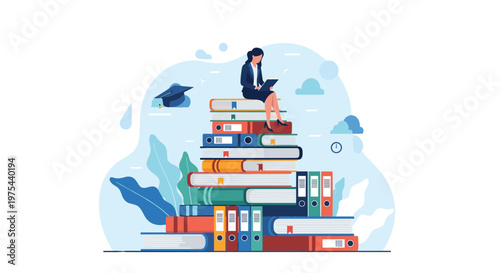 Woman sitting on top of a tall stack of colorful books and binders while working on a laptop computer for her higher education.